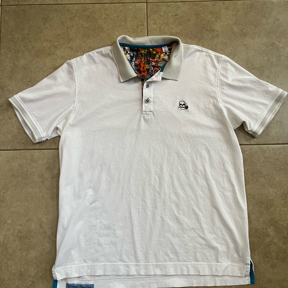 Robert Graham Polo Short Sleeve Classic Fit White Skull With Rose Mens Large